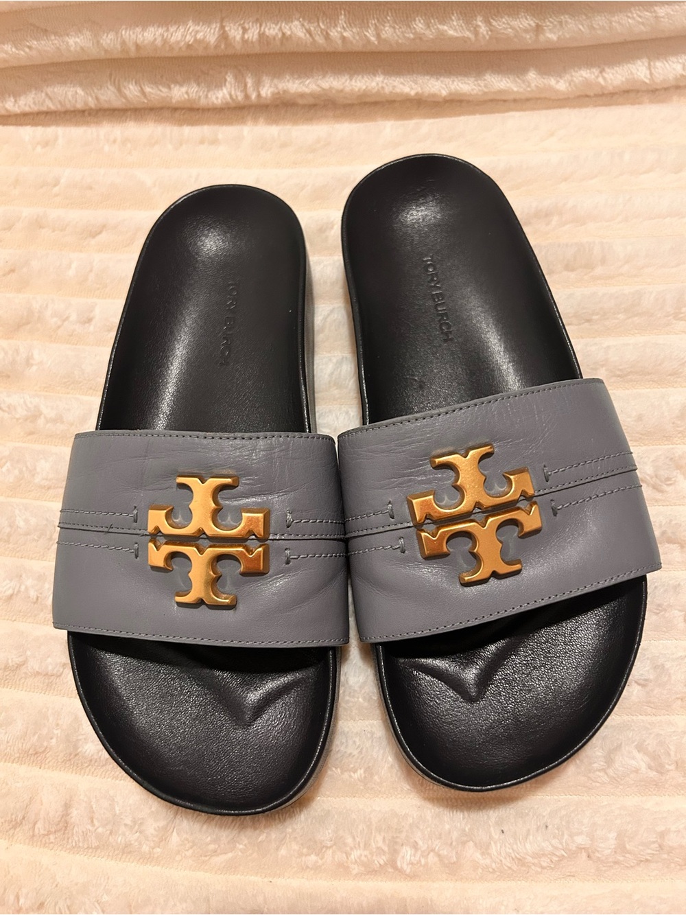 Tory Burch Gray Leather Men's Slide Sandals with Gold Emblem